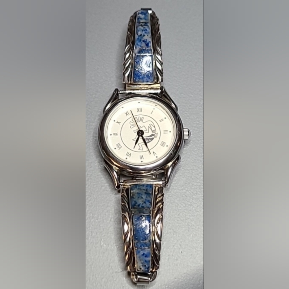 CHARLIE BOWIE Navajo .925 Sterling Silver Watch Kokopelli Lapis Tips - Picture 2 of 8